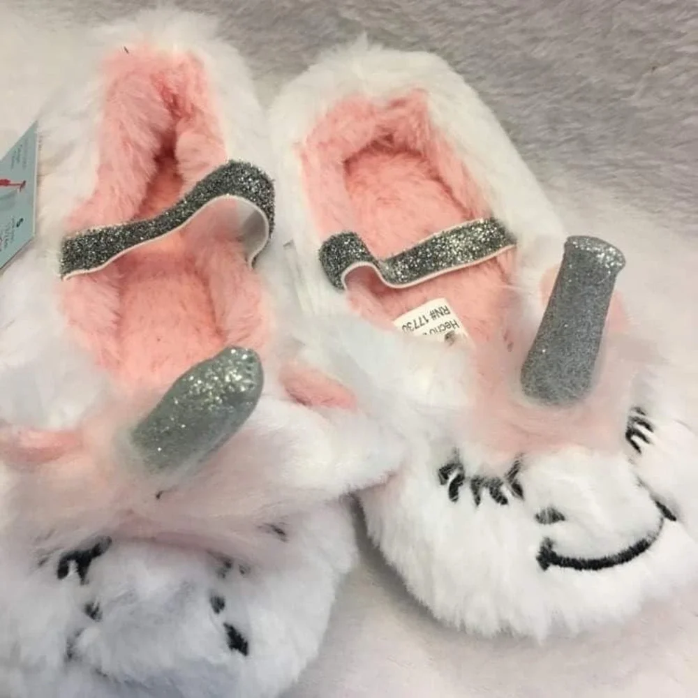 Cat & Jack Unicorn Slippers Kids S‎ White NEW Glitter Horn Faux Fur Mary Jane